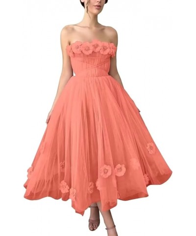 Women's 3D Flower Off Shoulder Tea Length Whimsical Prom Dress, A Line Strapless Tulle Formal Evening Party Gown Coral $42.30...