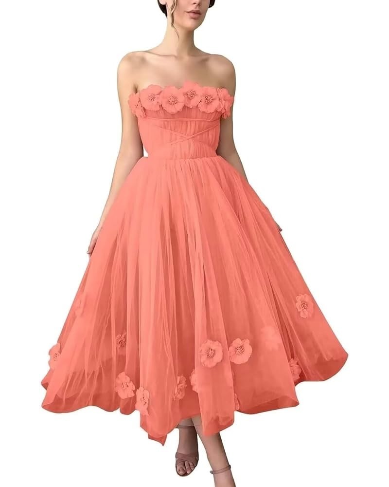 Women's 3D Flower Off Shoulder Tea Length Whimsical Prom Dress, A Line Strapless Tulle Formal Evening Party Gown Coral $42.30...