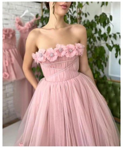 Women's 3D Flower Off Shoulder Tea Length Whimsical Prom Dress, A Line Strapless Tulle Formal Evening Party Gown Coral $42.30...