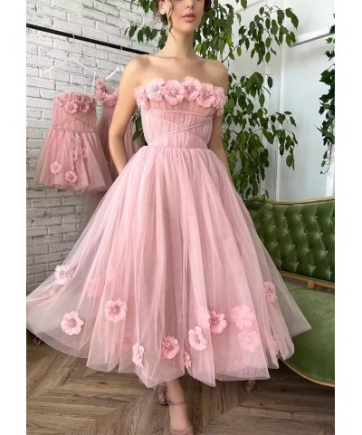 Women's 3D Flower Off Shoulder Tea Length Whimsical Prom Dress, A Line Strapless Tulle Formal Evening Party Gown Coral $42.30...