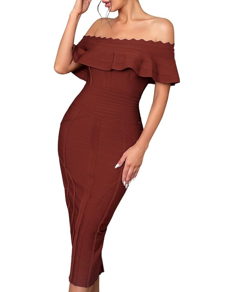 Off Shoulder Bandage Dresses for Women Wedding Guest Party Midi Formal Gowns Evening Dress A-tan $28.55 Dresses