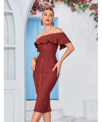 Off Shoulder Bandage Dresses for Women Wedding Guest Party Midi Formal Gowns Evening Dress A-tan $28.55 Dresses