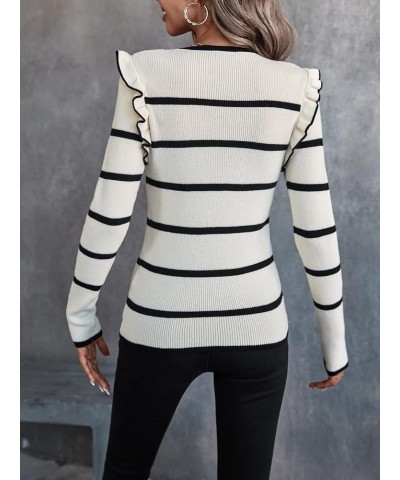 Women's Striped Ruffle Trim Long Sleeve Round Neck Slim Fit Sweater Top Apricot $15.54 Sweaters