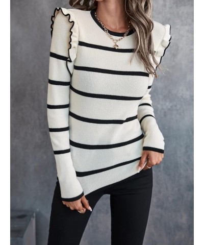 Women's Striped Ruffle Trim Long Sleeve Round Neck Slim Fit Sweater Top Apricot $15.54 Sweaters