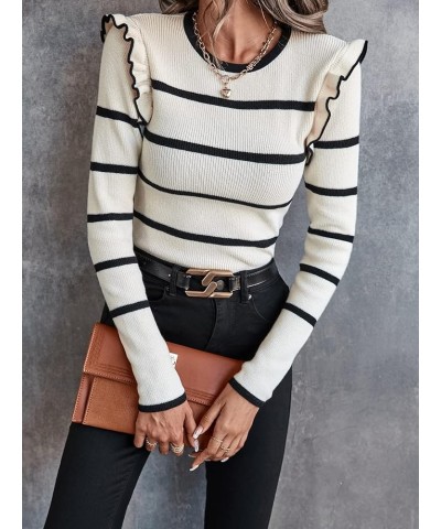 Women's Striped Ruffle Trim Long Sleeve Round Neck Slim Fit Sweater Top Apricot $15.54 Sweaters