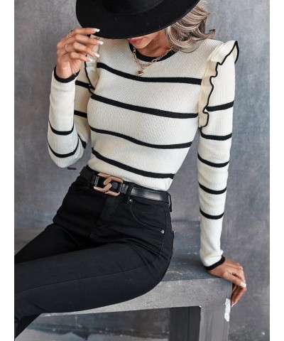 Women's Striped Ruffle Trim Long Sleeve Round Neck Slim Fit Sweater Top Apricot $15.54 Sweaters