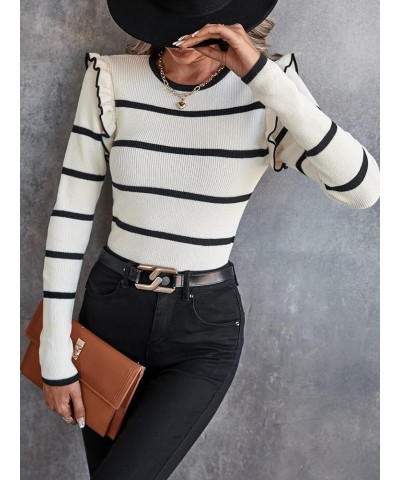 Women's Striped Ruffle Trim Long Sleeve Round Neck Slim Fit Sweater Top Apricot $15.54 Sweaters