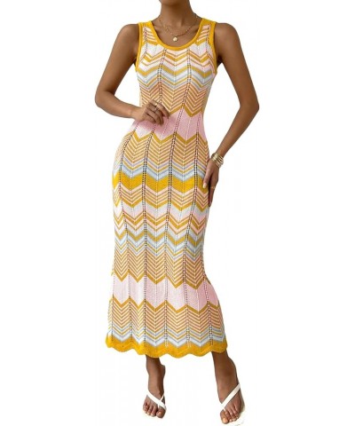 Women's Scoop Neck Colorblock Chevron Knit Scalloped Sweater Long Tank Dress Yellow Pink Multi $18.00 Sweaters