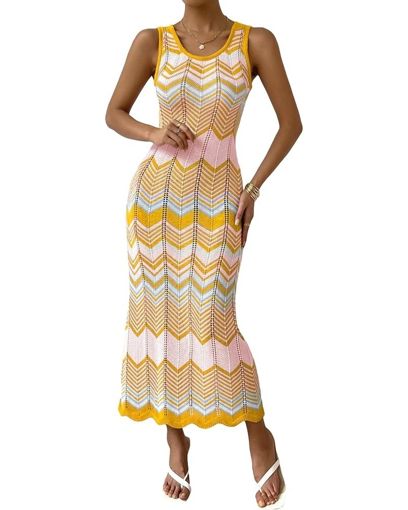 Women's Scoop Neck Colorblock Chevron Knit Scalloped Sweater Long Tank Dress Yellow Pink Multi $18.00 Sweaters