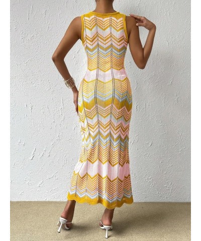 Women's Scoop Neck Colorblock Chevron Knit Scalloped Sweater Long Tank Dress Yellow Pink Multi $18.00 Sweaters