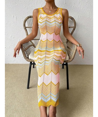 Women's Scoop Neck Colorblock Chevron Knit Scalloped Sweater Long Tank Dress Yellow Pink Multi $18.00 Sweaters