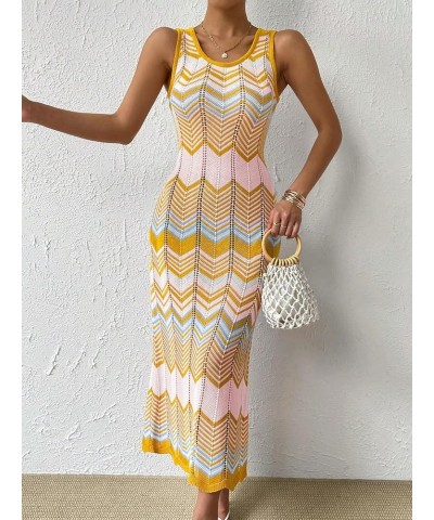 Women's Scoop Neck Colorblock Chevron Knit Scalloped Sweater Long Tank Dress Yellow Pink Multi $18.00 Sweaters