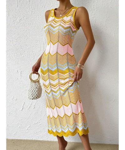 Women's Scoop Neck Colorblock Chevron Knit Scalloped Sweater Long Tank Dress Yellow Pink Multi $18.00 Sweaters