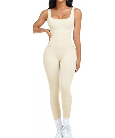 Womens Workout Rompers Jumpsuits Seamless Ribbed Yoga Gym One Piece Sleeveless Square Neck Tank Top Leggings Unitard Beige $1...