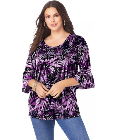 Women's Plus Size Bell-Sleeve Ultimate Tee Purple Tropical Leaves $16.77 T-Shirts