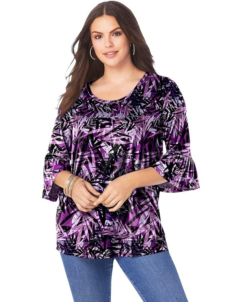 Women's Plus Size Bell-Sleeve Ultimate Tee Purple Tropical Leaves $16.77 T-Shirts