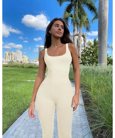 Womens Workout Rompers Jumpsuits Seamless Ribbed Yoga Gym One Piece Sleeveless Square Neck Tank Top Leggings Unitard Beige $1...