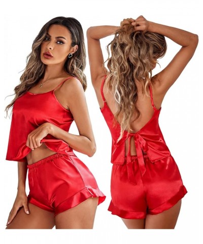 Womens Pajamas Set 2 Piece Satin Sleepwear Lingerie Soft Silk Pjs Cami Top and Shorts Sleep Camisole Nightwear Red $14.24 Sle...