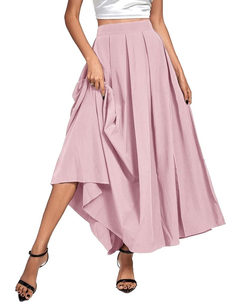 Women's Casual Pleated High Waist Solid Flowy A Line Long Maxi Skirt Dusty Pink $19.20 Skirts