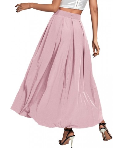 Women's Casual Pleated High Waist Solid Flowy A Line Long Maxi Skirt Dusty Pink $19.20 Skirts