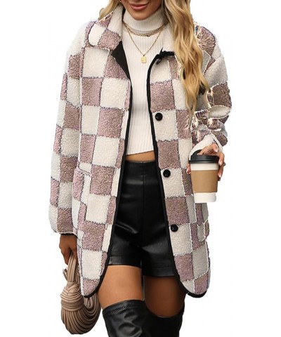 Women's Casual Wool Blend Shacket Jacket Grid Pattern Button Down Long Sleeve Plaid Lapel Coat Outwear Pink-1 $25.29 Coats