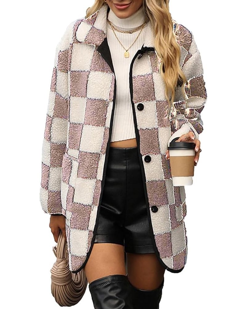 Women's Casual Wool Blend Shacket Jacket Grid Pattern Button Down Long Sleeve Plaid Lapel Coat Outwear Pink-1 $25.29 Coats