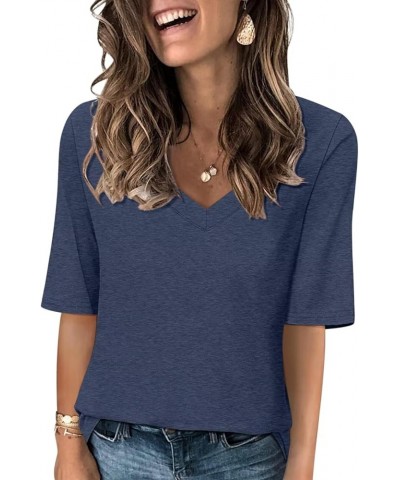 Women's V Neck T Shirts Half Sleeve Tops Casual Solid Summer Tees Navy Blue $12.70 T-Shirts