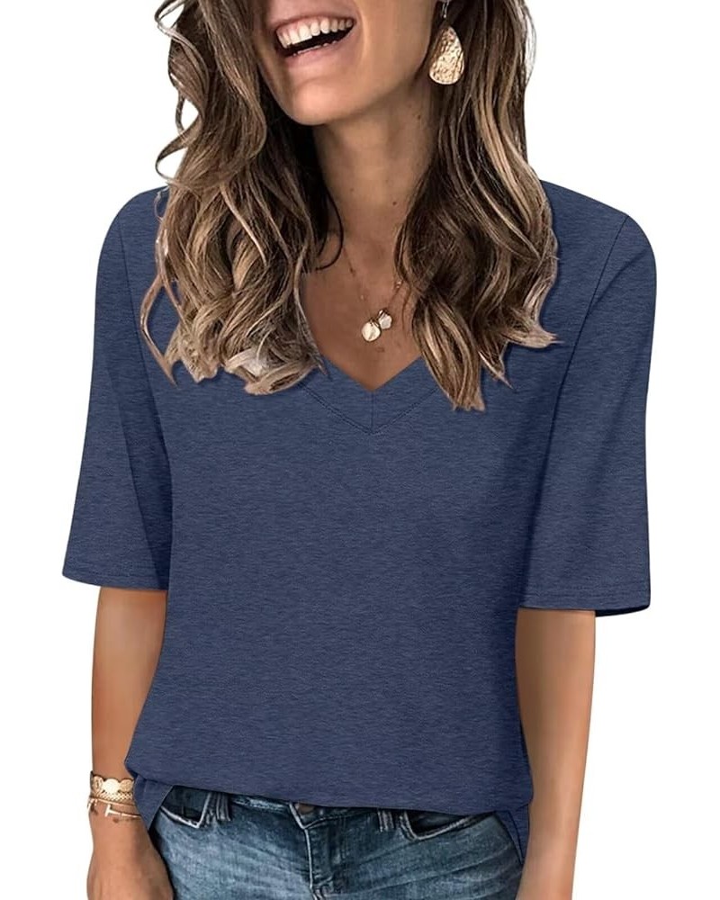 Women's V Neck T Shirts Half Sleeve Tops Casual Solid Summer Tees Navy Blue $12.70 T-Shirts