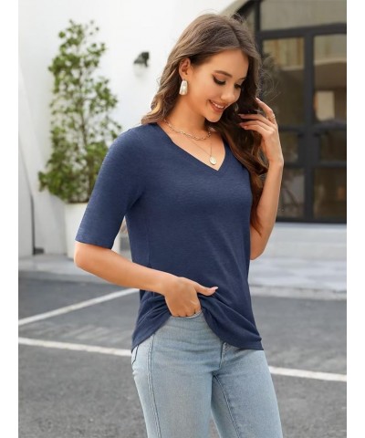 Women's V Neck T Shirts Half Sleeve Tops Casual Solid Summer Tees Navy Blue $12.70 T-Shirts