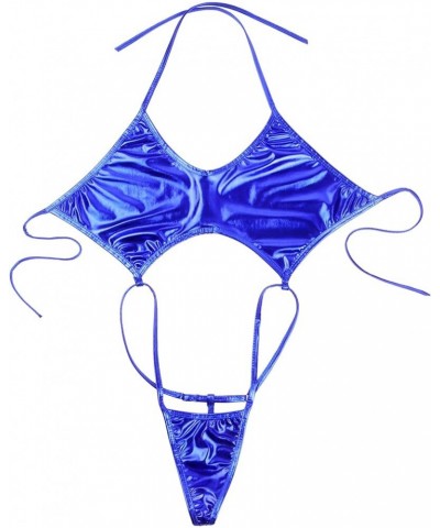 Women Shiny Glossy Bikini Swimsuit Halter Lingerie Exotic String One Piece Swimwear Dark Blue $9.17 Swimsuits