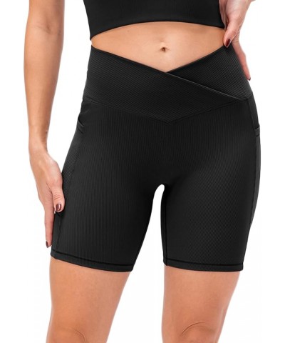 Women V Cross Workout Shorts High Waist Booty Biker Shorts with Pockets 5" Tummy Control Yoga Shorts Black $9.96 Activewear