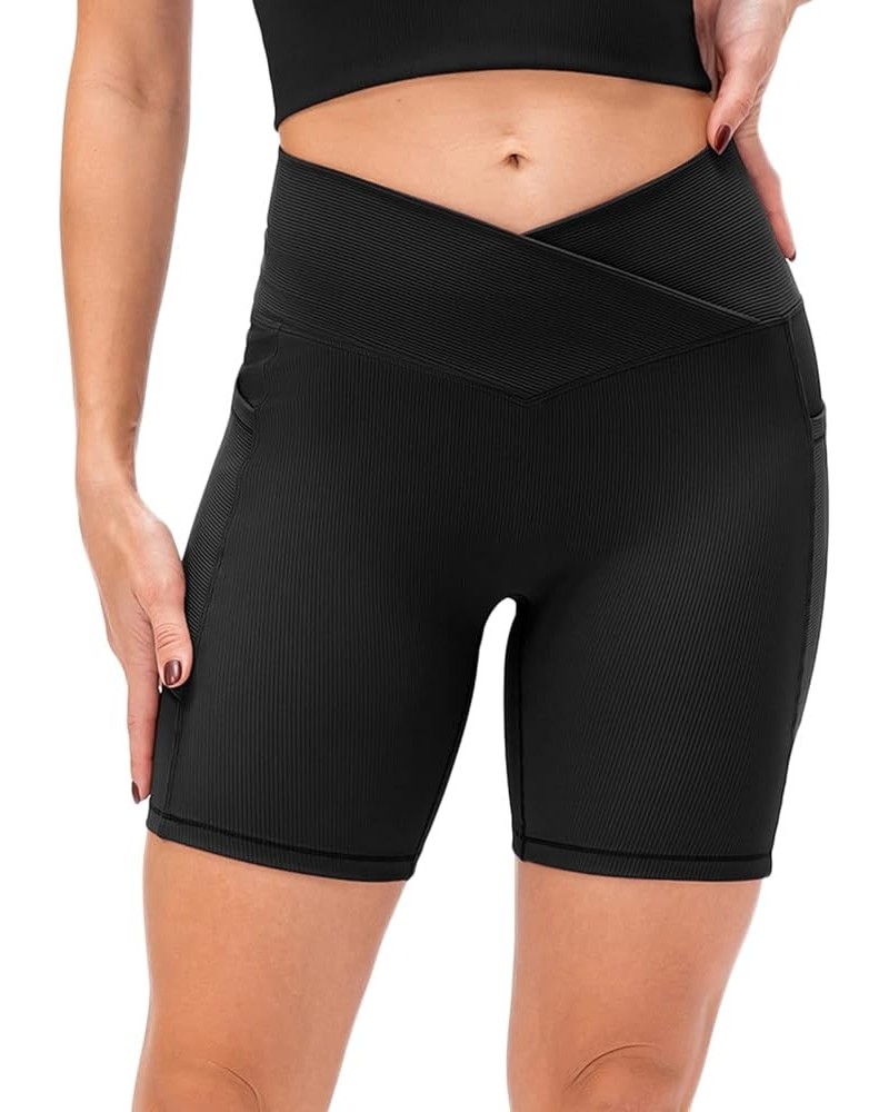 Women V Cross Workout Shorts High Waist Booty Biker Shorts with Pockets 5" Tummy Control Yoga Shorts Black $9.96 Activewear