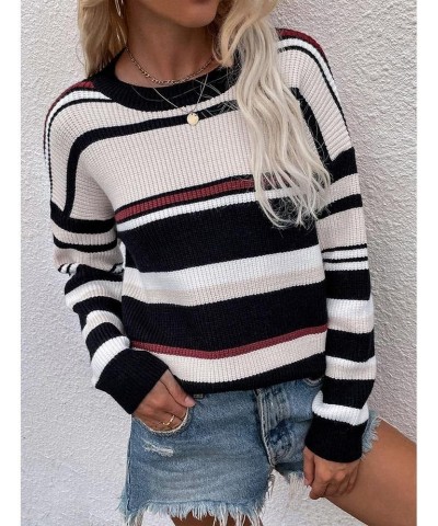 Women's Casual Sweaters Long Sleeve Crewneck Knit Striped Colorblock Loose Pullover Tops Black $17.08 Sweaters