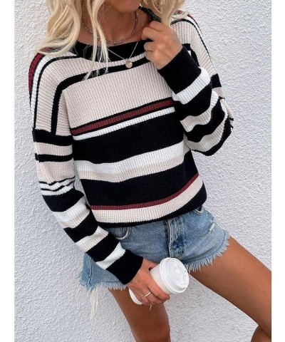 Women's Casual Sweaters Long Sleeve Crewneck Knit Striped Colorblock Loose Pullover Tops Black $17.08 Sweaters