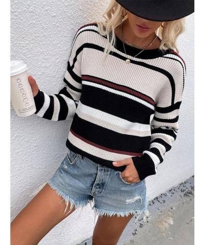 Women's Casual Sweaters Long Sleeve Crewneck Knit Striped Colorblock Loose Pullover Tops Black $17.08 Sweaters