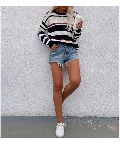 Women's Casual Sweaters Long Sleeve Crewneck Knit Striped Colorblock Loose Pullover Tops Black $17.08 Sweaters