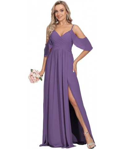 Spaghetti Strap Bridesmaid Dresses for Women with Slit Long Pleated Chiffon Formal Evening Dresses with Pockets Dusty Purple ...