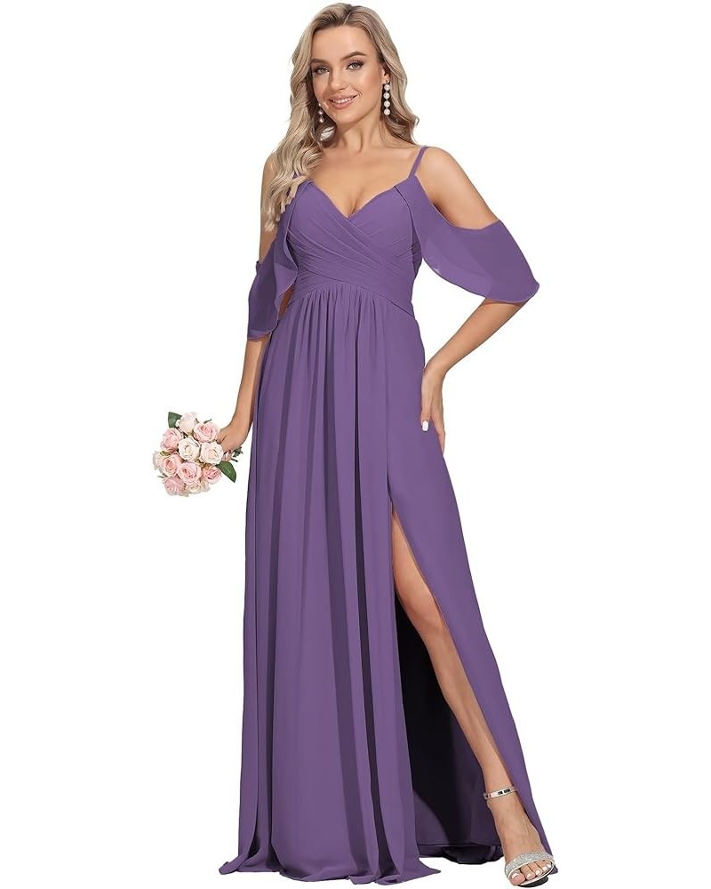 Spaghetti Strap Bridesmaid Dresses for Women with Slit Long Pleated Chiffon Formal Evening Dresses with Pockets Dusty Purple ...