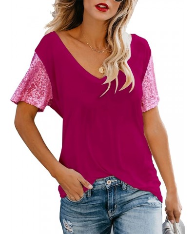 Women's Sequin Short Sleeve Tee V Neck T Shirts Glitter Sparkles Loose Blouse Tops A-wine Red $18.87 T-Shirts