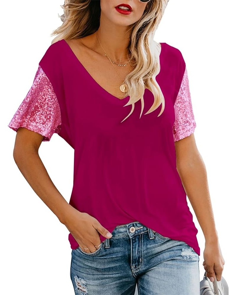 Women's Sequin Short Sleeve Tee V Neck T Shirts Glitter Sparkles Loose Blouse Tops A-wine Red $18.87 T-Shirts