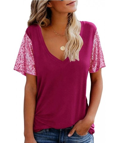 Women's Sequin Short Sleeve Tee V Neck T Shirts Glitter Sparkles Loose Blouse Tops A-wine Red $18.87 T-Shirts