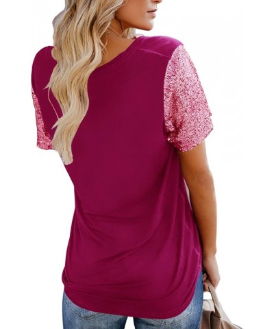 Women's Sequin Short Sleeve Tee V Neck T Shirts Glitter Sparkles Loose Blouse Tops A-wine Red $18.87 T-Shirts