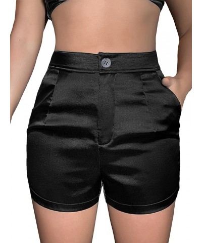 Women's High Waisted Satin Shorts Straight Leg Casual Shorts with Pockets Pure Black $14.55 Shorts