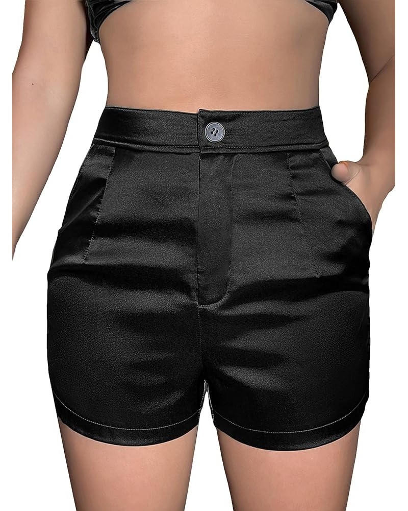 Women's High Waisted Satin Shorts Straight Leg Casual Shorts with Pockets Pure Black $14.55 Shorts