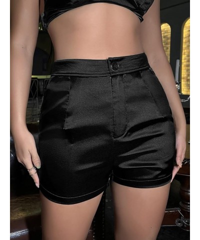 Women's High Waisted Satin Shorts Straight Leg Casual Shorts with Pockets Pure Black $14.55 Shorts