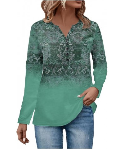 Tops for Women 2024 Button V Neck Tee Shirts Printing Work Ladies Tops and Blouses Long Sleeves Oversized Sweater 1-dark Gree...