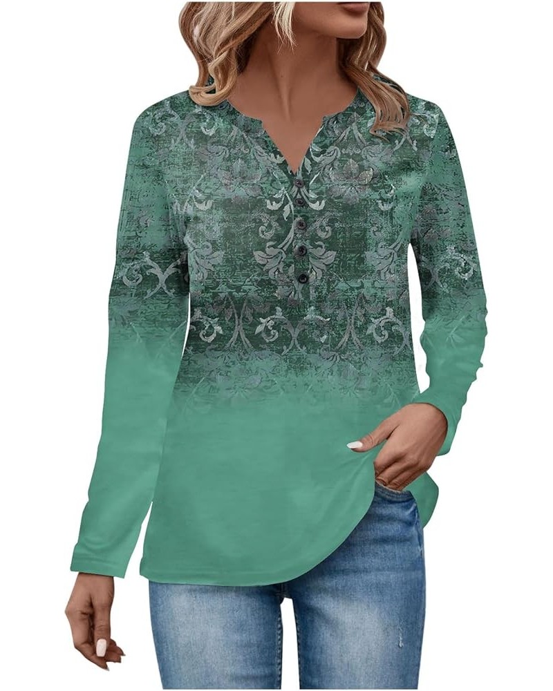 Tops for Women 2024 Button V Neck Tee Shirts Printing Work Ladies Tops and Blouses Long Sleeves Oversized Sweater 1-dark Gree...