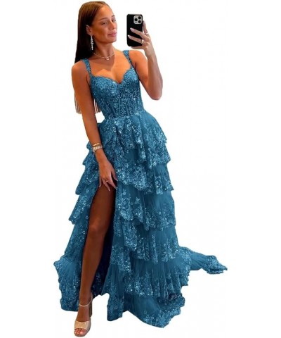 Lace Tulle Tiered Prom Dresses for Women Spaghetti Straps Corset Long Formal Evening Dresses with Slit Peacock $47.50 Dresses