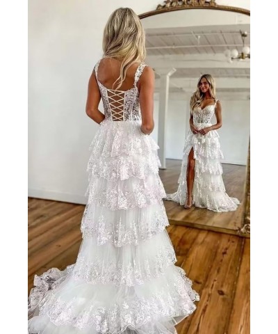 Lace Tulle Tiered Prom Dresses for Women Spaghetti Straps Corset Long Formal Evening Dresses with Slit Peacock $47.50 Dresses