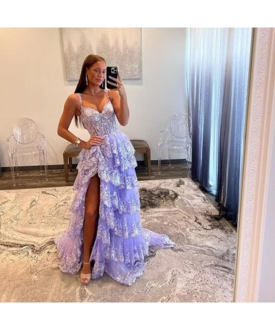 Lace Tulle Tiered Prom Dresses for Women Spaghetti Straps Corset Long Formal Evening Dresses with Slit Peacock $47.50 Dresses